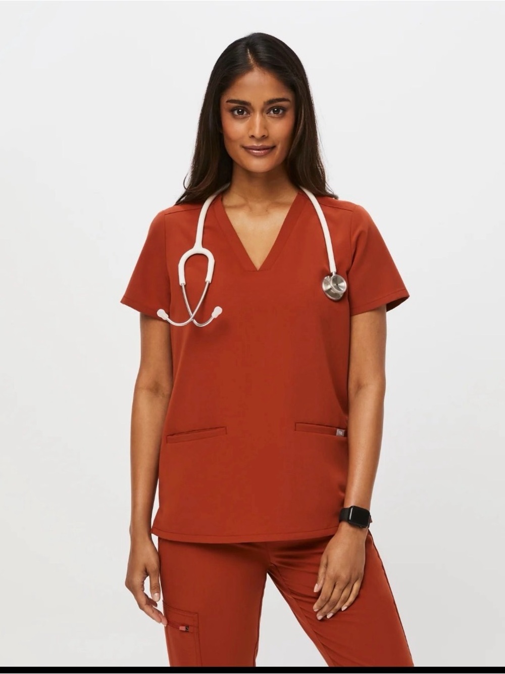 Figs Women's V-Neck Scrub Top in Rust